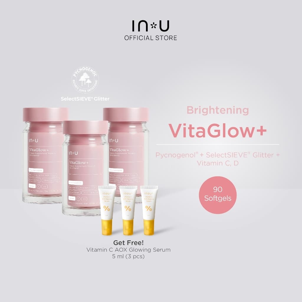 (3 กระปุก รับฟรี Vit C Serum 5ml 3pcs) IN U VitaGlow + ผลิตภัณฑ์เสริมอาหาร ไวต้าโกลว์ พลัส 90 เม็ด