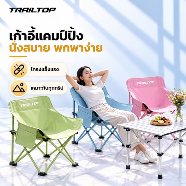TRAILTOP เก้าอี้แคมป์ปิ้ง เก้าอี้สนามพับได้ แบบพกพา แถมถุงจัดเก็บ ท่ออลูมิเนียมหนา รับน้ําหนัก300กก