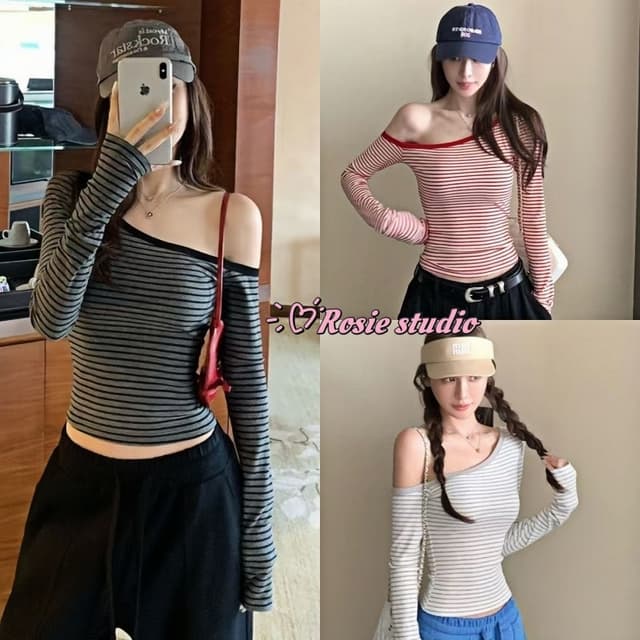 ROSIE💖พร้อมส่ง🍄เสื้อยืดแขนยาว เสื้อปาดไหล่ลายทางสีตัดกัน เสื้อครอปรัดรูปผ้าดีแต่งตัวง่ายแฟชั่นผู้หญิงสไตล์เก…