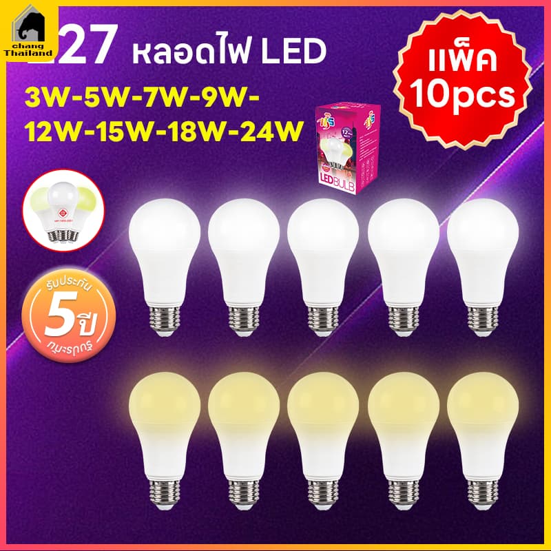 แพ็ค 10ชิ้น หลอดไฟ LED Bulb light ใช้ไฟฟ้า220V หลอดประหยัดไฟ หลอดไฟประหยัดพลังงาน ขั้วเกลียว E27