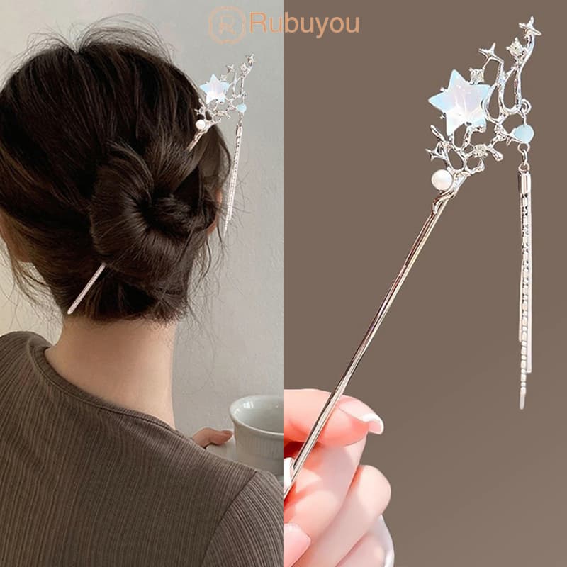 Rubuyou ปิ่นปักผม รูปดาว ประดับพู่ สไตล์โมเดิร์น เทรนด์แฟชั่น กิ๊บติดผม สําหรับผู้หญิง เครื่องประดับผม-COD💖