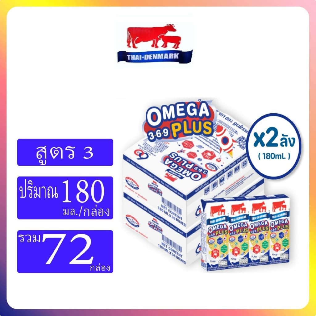 (ชุด2ลัง) UHT นมวัวแดง Omega 369 plus 180มล.ยกลัง# Thaidenmark