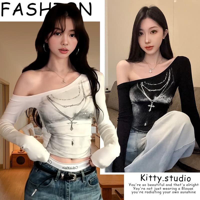 Kitty พร้อมส่ง🌸เปิดไหล่🌸เสื้อยืดผู้หญิงแขนยาว สาวฮอต สวยเซ็กซี่ ใส่ผอมทันใจ แฟชั่น น่ารักๆ ไปคาเฟ่…
