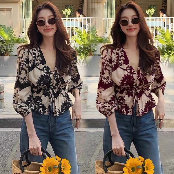 Red Berry เสื้อเชิ้ตแขนยาวคอวีพิมพ์ลายสําหรับผู้หญิงในฤดูใบไม้ร่วง สไตล์ลําลอง มีสายผูกเอวด้านหน้ W698