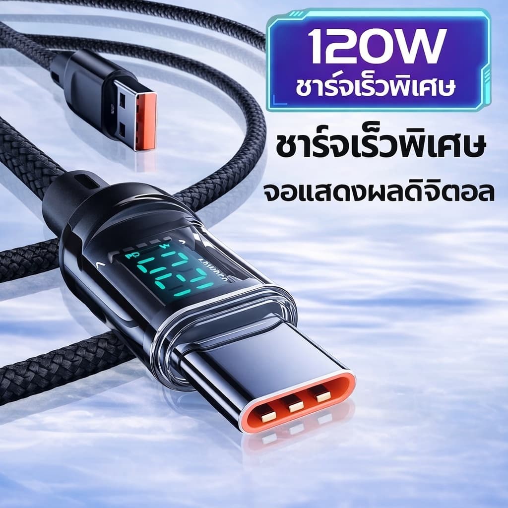 120W สายชาร์จ USB-C to USB-C 6A จอแสดงผลดิจิทัล รองรับ PD ชาร์จเร็ว สายถักทนทาน เหมาะสําหรับ USB Type-C / L…