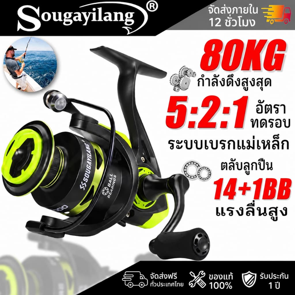 Sougayilang รอกหมุนตกปลา อัตราทดเกียร์ 5.2:1สําหรับตกปลาน้ําเค็ม รอกตกปลาน้ําจ อุปกรณ์ รอกตกปลา