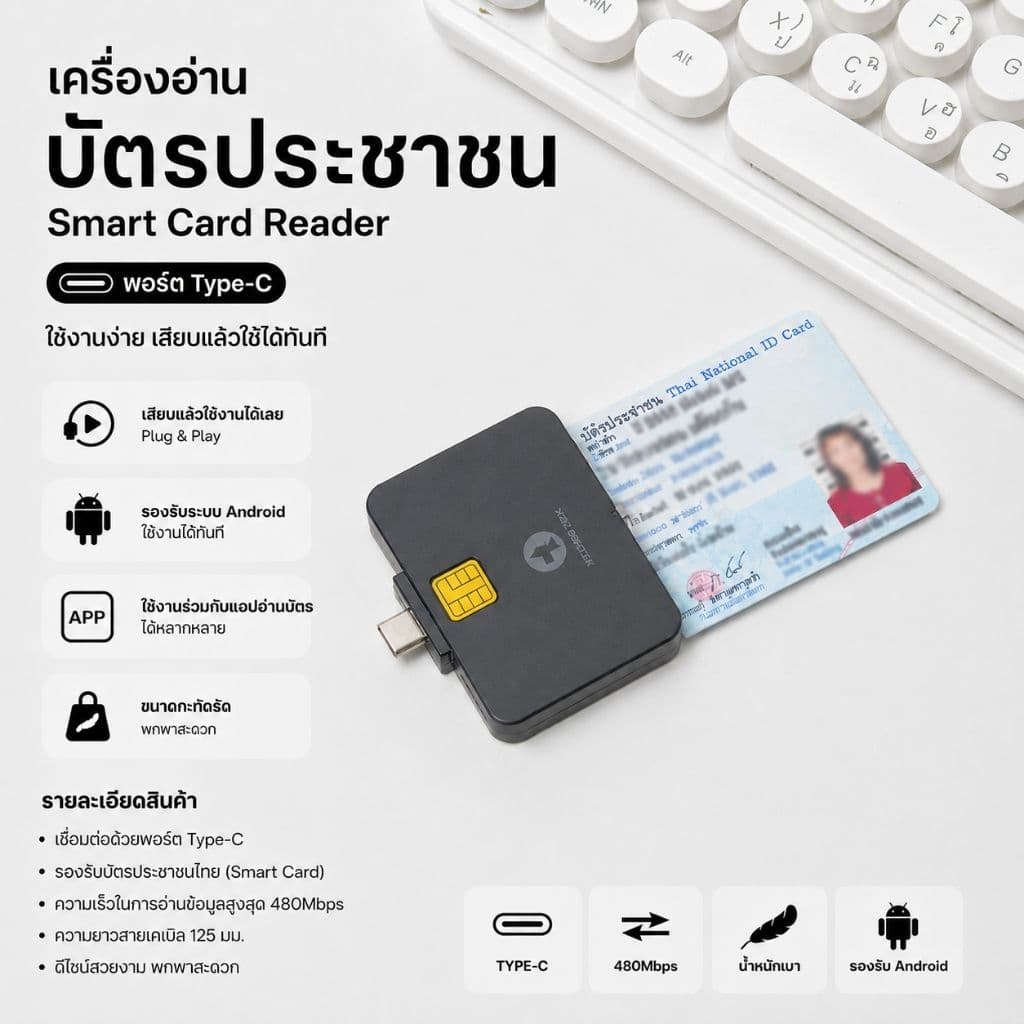 Zoweetek เครื่องอ่านบัตรประชาชน Smart card reader Type C สําหรับแอนดรอยด์ รุ่น Zw-12027-1