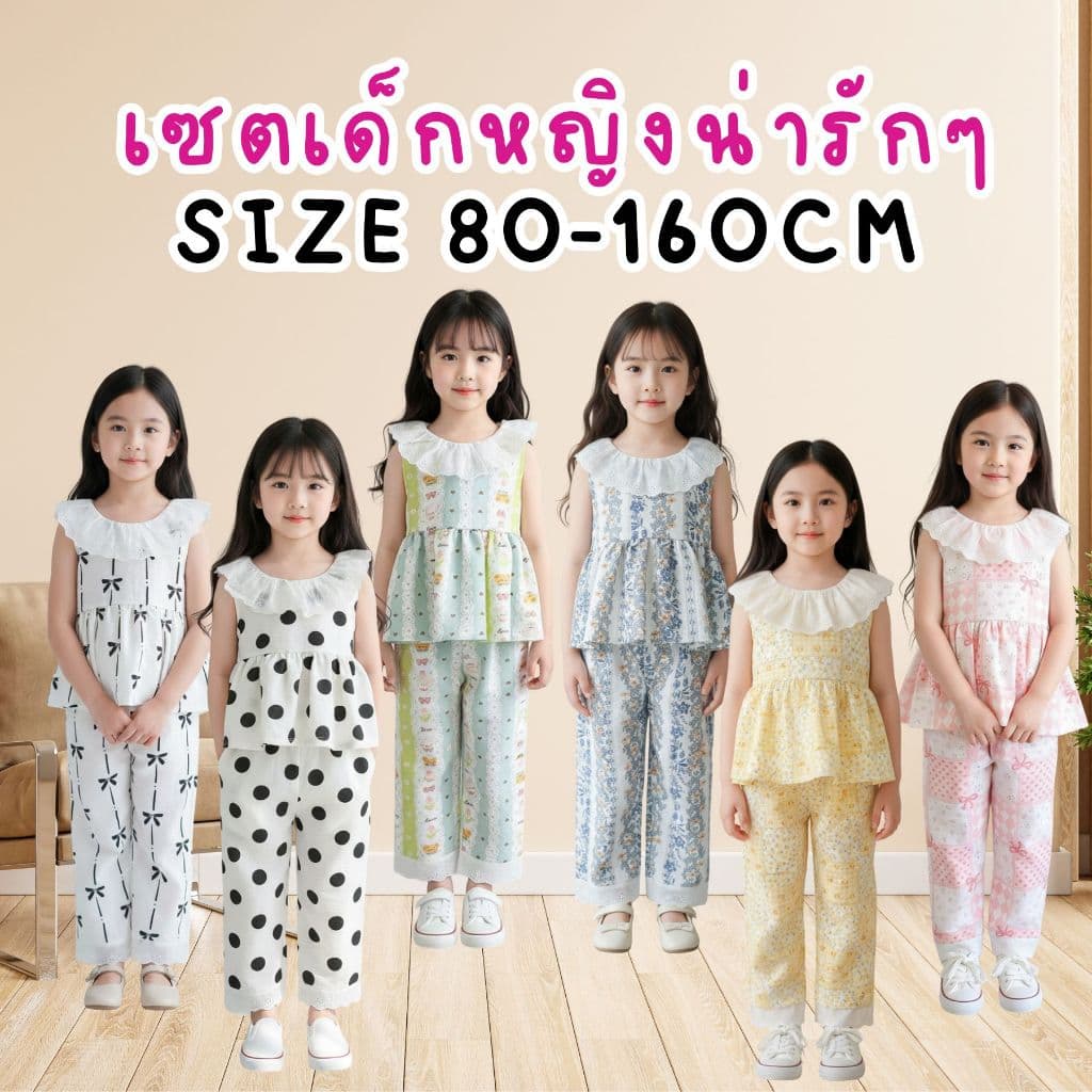 MooDeng Baby ชุดเสื้อ เสื้อแขนกุด+ กางเกงขายาว สไตล์เกาหลี ใหม่ สําหรับเด็กหญิง ชุดฤดูร้อน 80CM-160CM