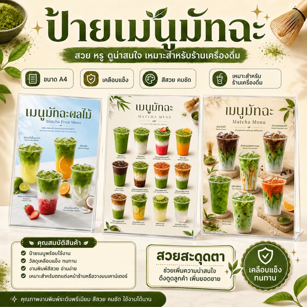 ป้ายเมนูมัทฉะ A4 เคลือบใสแข็ง ป้ายเมนูสําเร็จรูป
