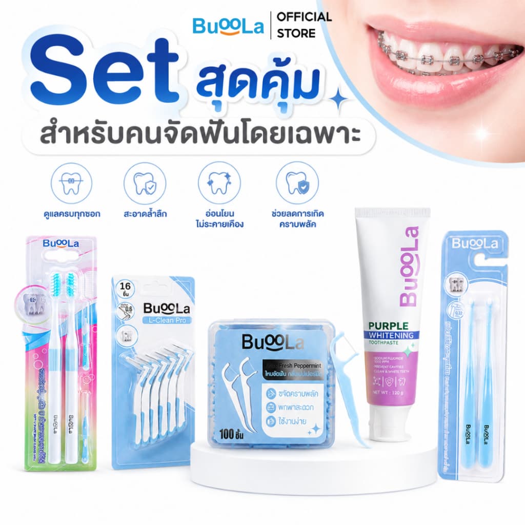 Buoola ยาสีฟัน+แปรงสีฟัน+แปรงขัดซอกฟัน+แปรงกระจุก+ไหมขัดฟัน