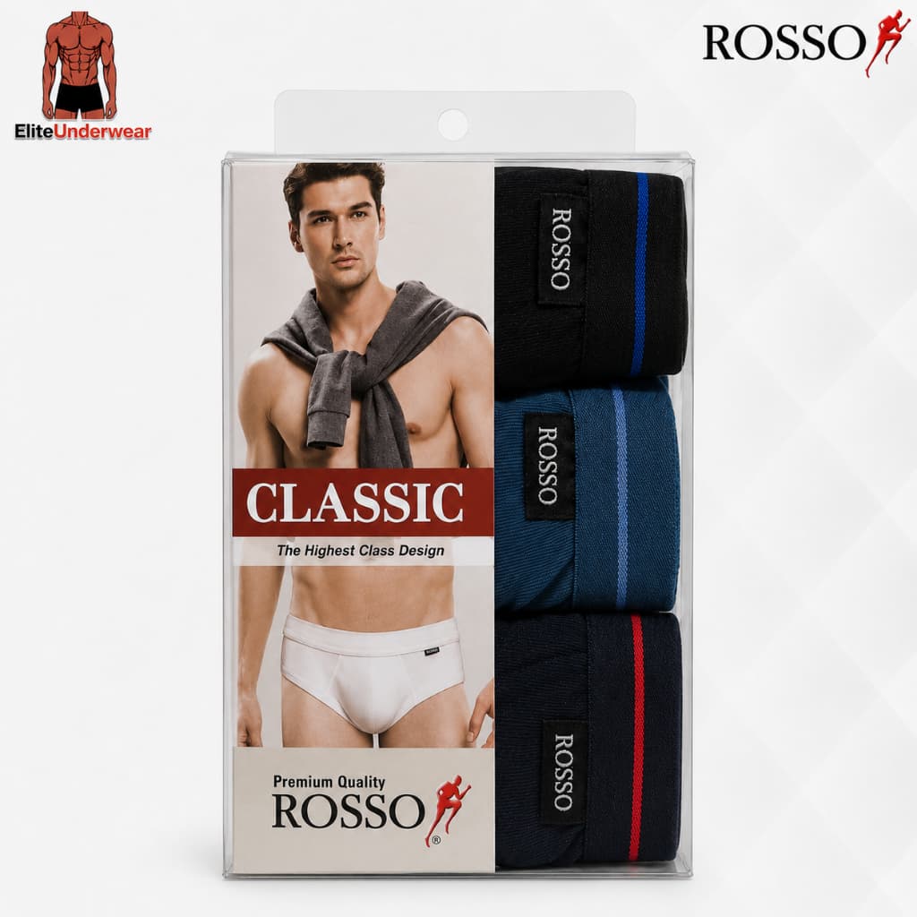 ROSSO (0236A) กางเกงในชาย รุ่น Classic Stripe Waistband ทรงกระชับ ระบายอากาศดี ยืดหยุ่นสูง [เซ็ต 3 ตัว 3 สี]