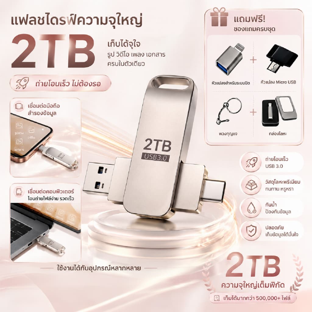 แฟลชไดรฟ์ USB 3.0 OTG 2TB ความจุใหญ่ เหมาะสําหรับนักเรียน พนักงานออฟฟิศ และธุรกิจ