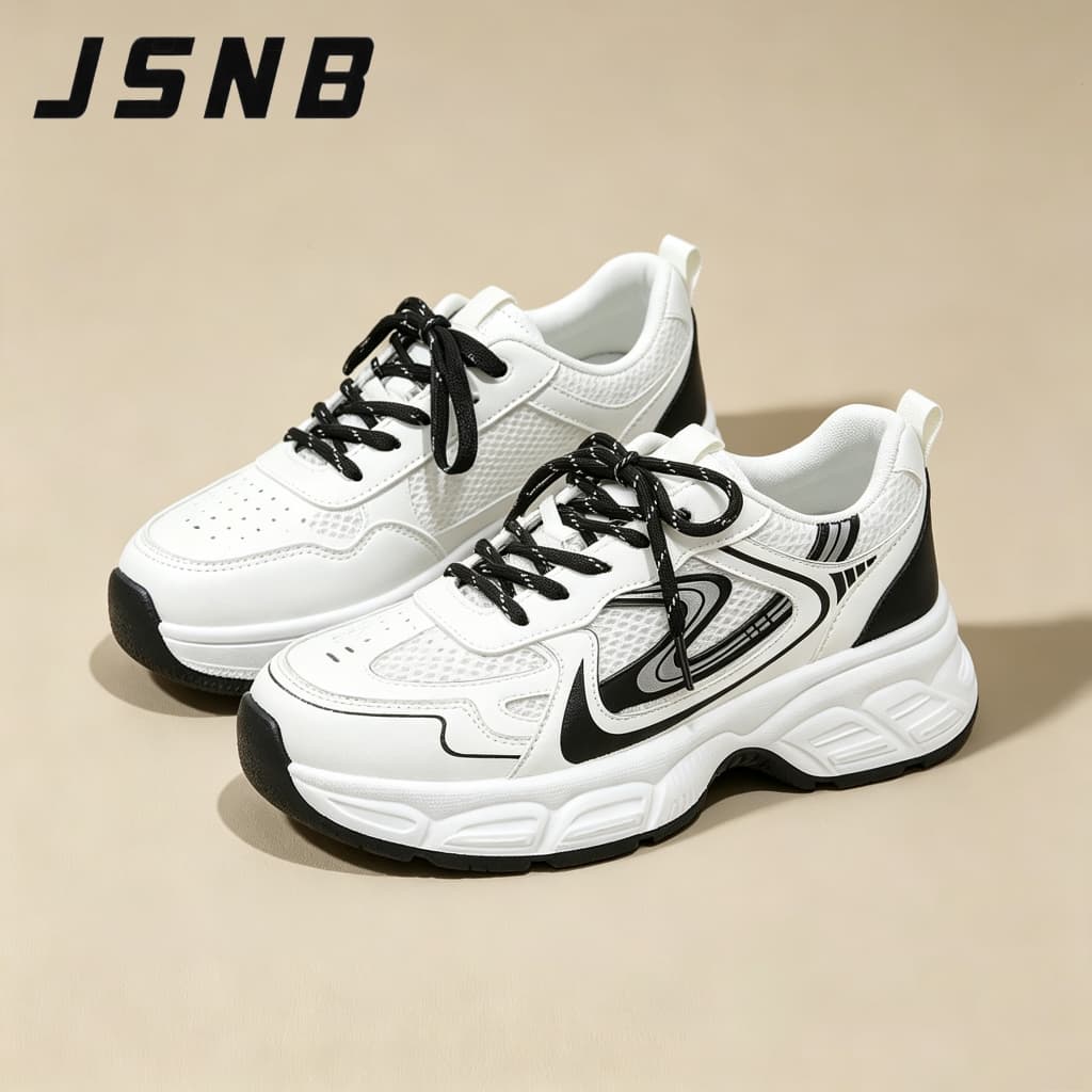 JSNB รองเท้าผ้าใบลําลองผู้หญิง สีขาวดํา ตาข่ายระบายอากาศ ส้นหนากันลื่น สไตล์พ่อแม่ เหมาะใส่กลางแจ้ง,919