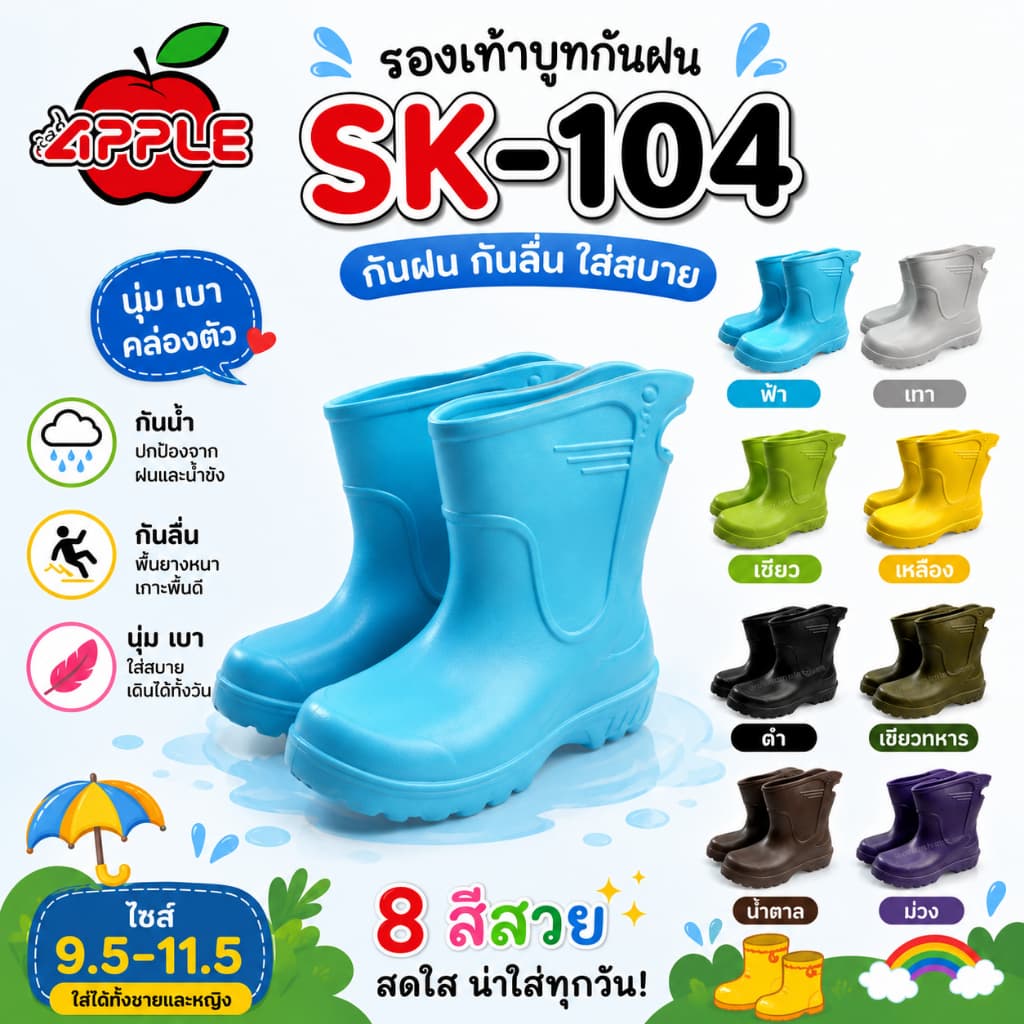 Red apple รองเท้าบู๊ทกันน้ําข้อสั้น สูง 9 นิ้ว รุ่น SK104 ไซส์ 9.5-11.5