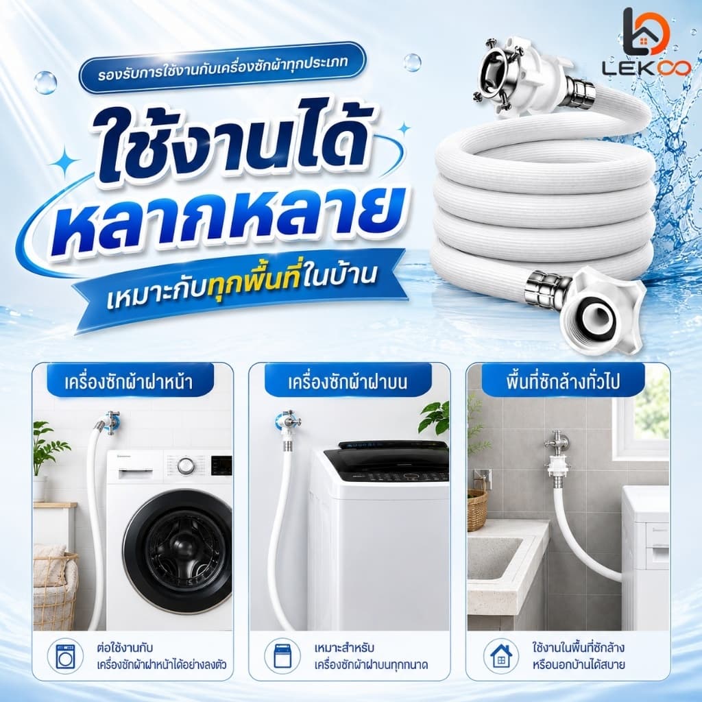 สายยางเครื่องซักผ้า ท่อน้ําเครื่องซักผ้า ท่อน้ําดี 1-5 เมตร"ใช้ได้ทุกรุ่น" ฝาหน้าและฝาบน…
