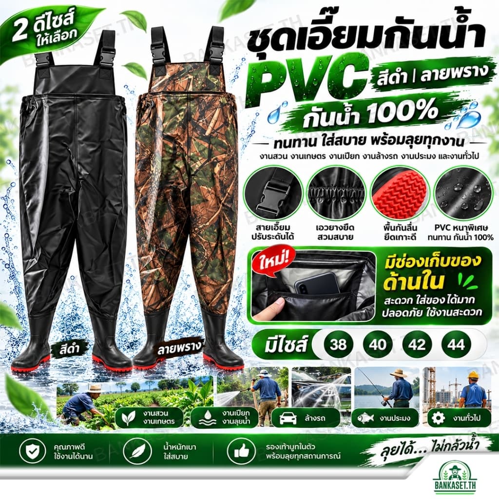 ชุดเอี๊ยมกันน้ํา PVC พร้อมรองเท้าบูทในตัว กางเกงบูทกันน้ํา ไซส์ 38 40 42 44 สําหรับงานเกษตร ประมง ล้างรถ…