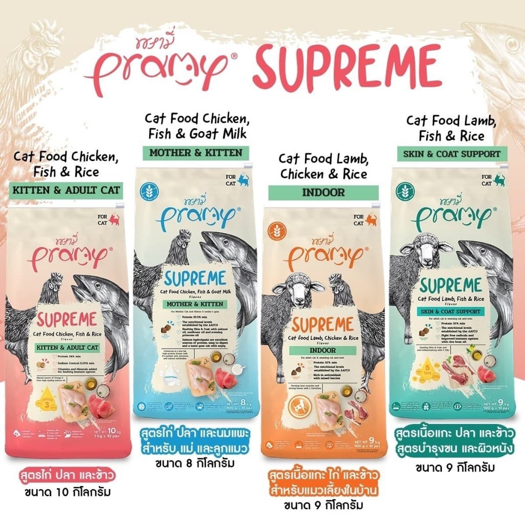 Pramy Supreme อาหารเม็ดแมว สําหรับแมวทุกช่วงวัย สูตร Mother/Kitten/Adult/Indoor/Skin&Coat ขนาด 8-10kg