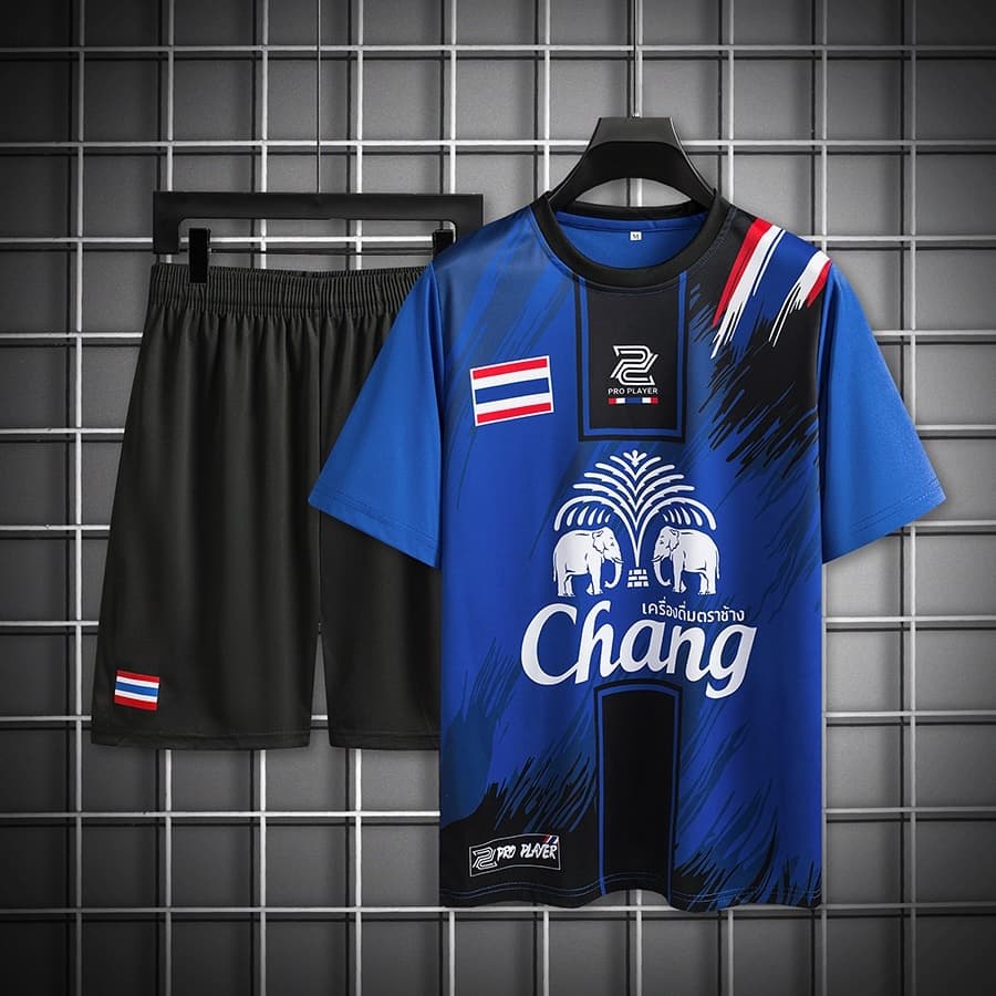 ชุดกีฬา 2 ชิ้น เสื้อยืด+กางเกงขาสั้น ชุดเซ็ทกีฬา ชุดกีฬา ชุดวิ่ง ชุดเซ็ทกางเกง+ ธงLogoช้าง