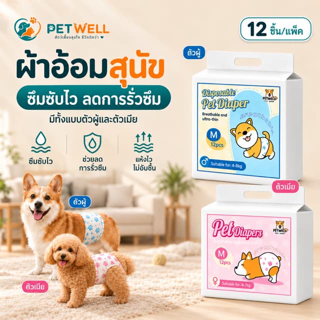 ผ้าอ้อมสุนัข PETWELL แบบสวม ซึมซับเร็ว สําหรับสุนัขตัวผู้และตัวเมีย XXS-XL