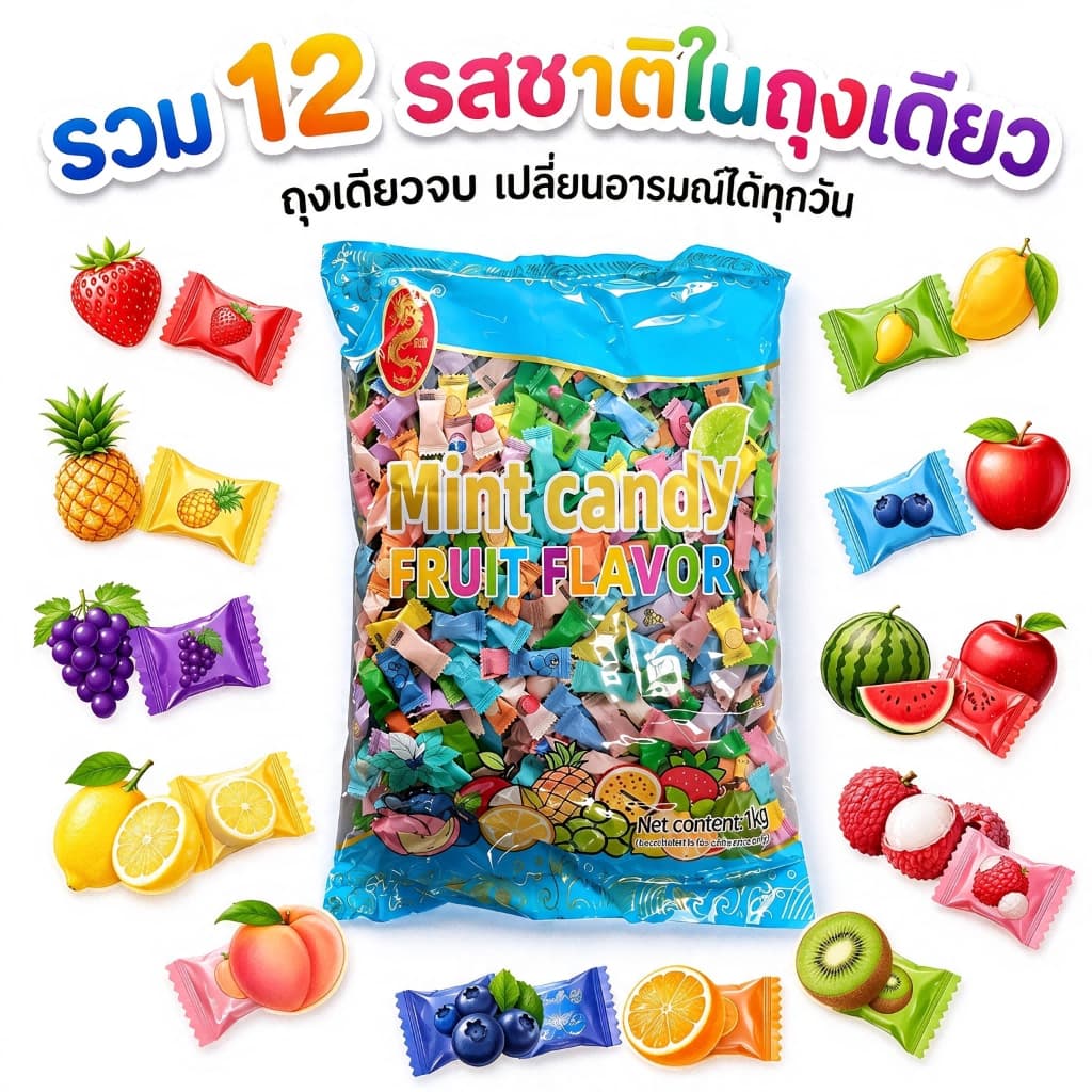 THTB ลูกอมรสมิ้นท์ 1กก. สดชื่น หอมมิ้นท์ ช่วยลดกลิ่นปาก ขนมทานเล่น พร้อมส่ง