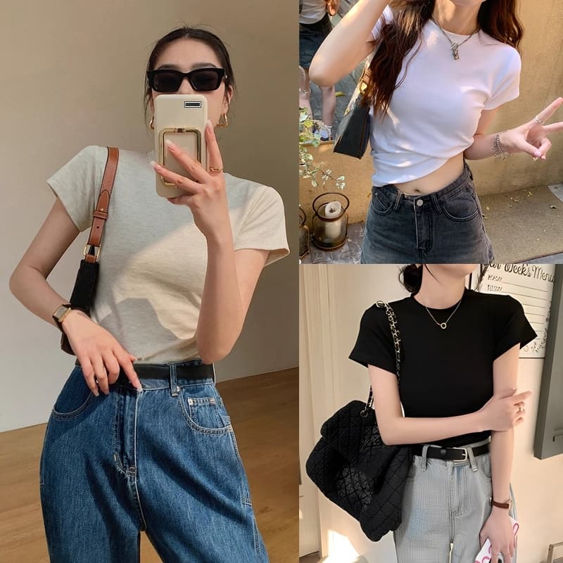 Bella Shop เสื้อยืดแฟชั่นแขนสั้นคอกลมสีพื้นสําหรับผู้หญิง ช่วยให้ดูผอมเพรียวและสวยงาม นุ่มสบาย