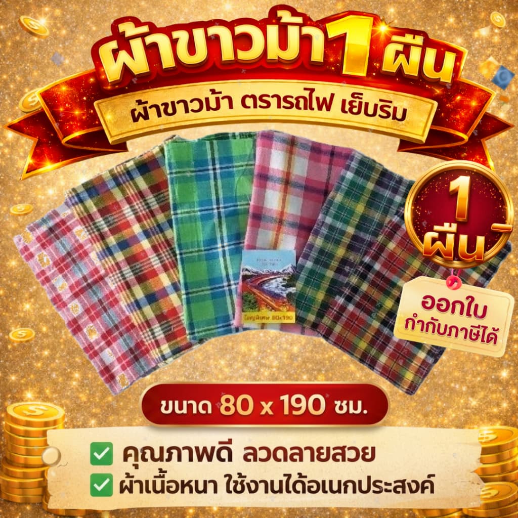 ผ้าขาวม้า ผ้าขาวม้าตรารถไฟ ผ้าขาวม้าเย็บริม ขนาด 80x190cm จํานวน 1 ผืน