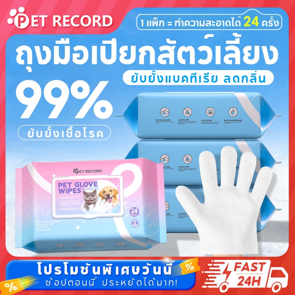 ถุงมือเปียกสัตว์เลี้ยง เช็ดแมวสุนัข ไม่ต้องล้างน้ํา 24 ชิ้น ลดกลิ่น อ่อนโยน