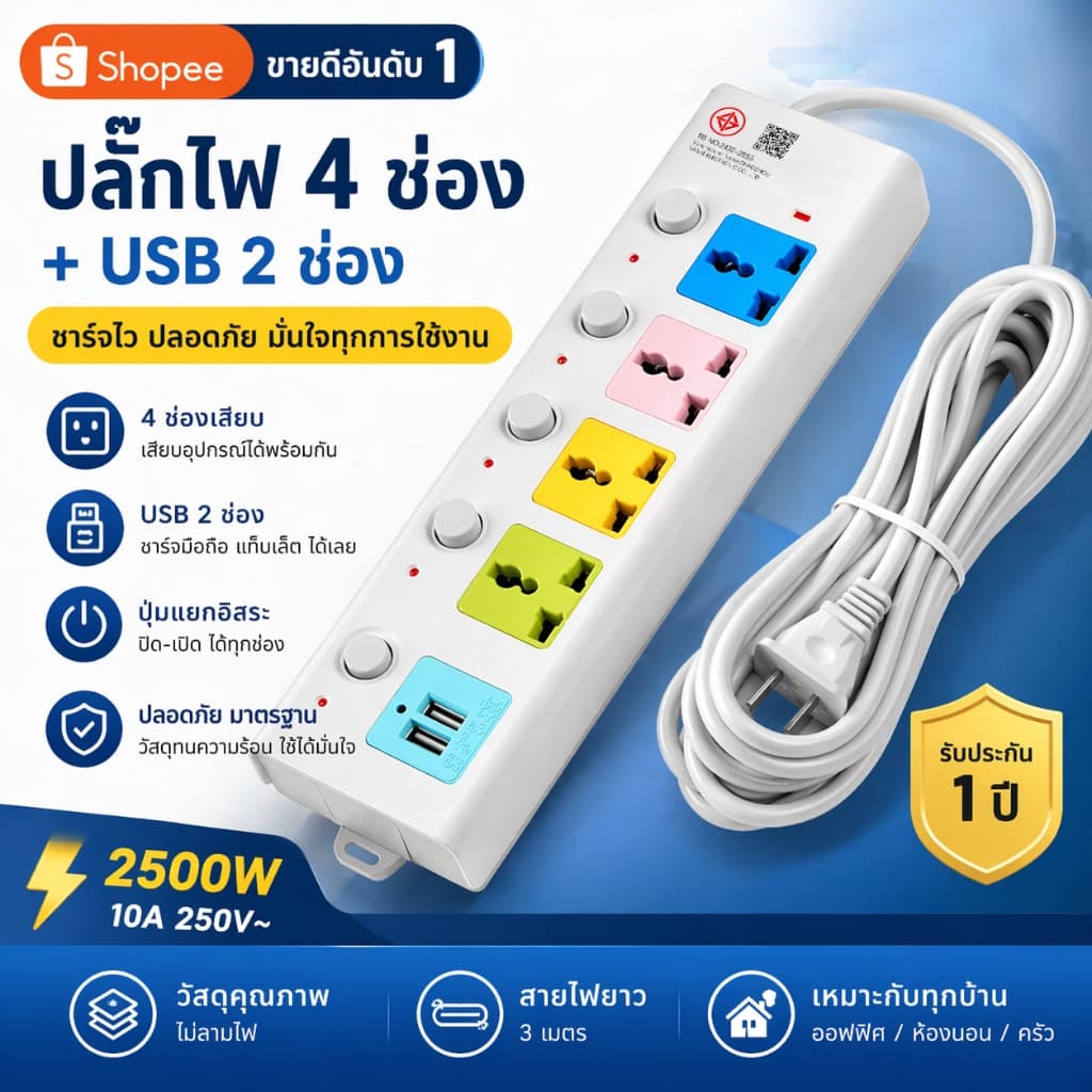 ปลั๊กไฟสามตา พร้อมช่อง USB 2 ช่อง ปลั๊กไฟ 4ช่อง ปลั๊กพ่วง ปลั๊กไฟUSB รางปลั๊กไฟ กันไฟสองชั้นปลั๊กไฟ 3ม/5ม/8