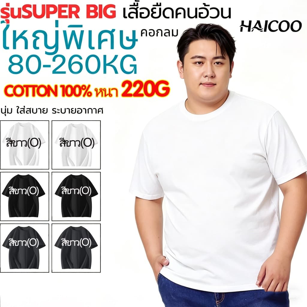 HAICOO เสื้อยืดผู้ชายไซส์ใหญ่ คอตตอน 100% 220G Heavy Cotton เสื้อยืดพื้น สีขาวดําเทา S-4XL