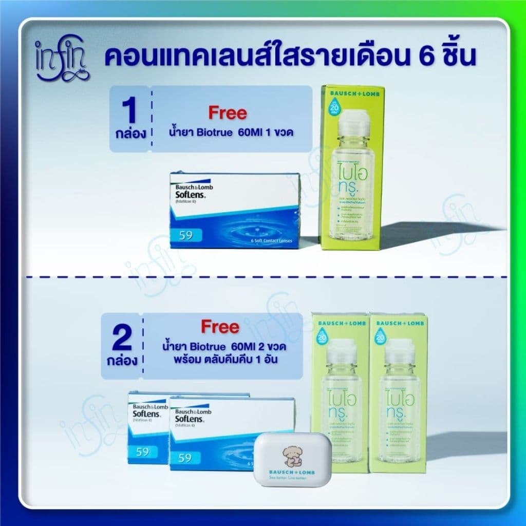 คอนแทคเลนส์ รายเดือน แพ็ค 6ชิ้น (3 คู่) + น้ํายา60มล.