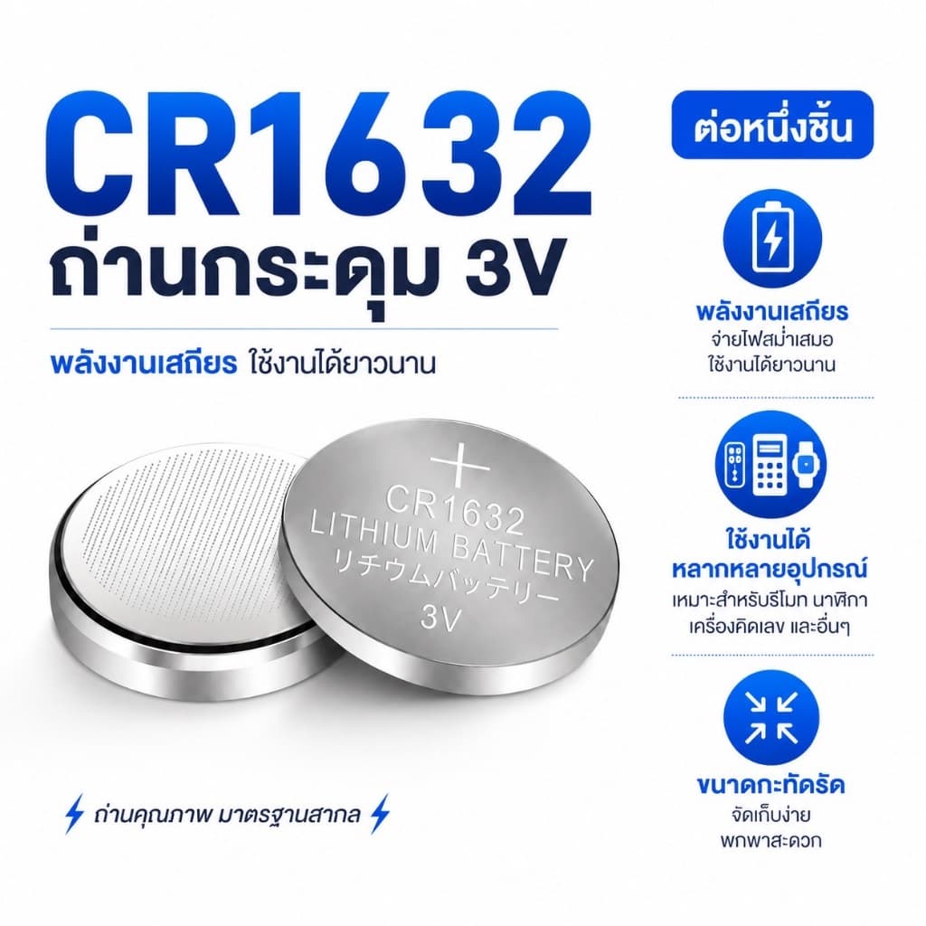 ถ่านลิเธียม แบบกระดุม ถ่านเอนกประสงค์ ถ่ายแฟลตกล้อง CR1632