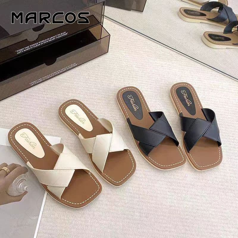 MARCOS รองเท้าแตะผู้หญิง สายตัดกัน สีขาว/ดํา ส้นแบน ใส่สบาย กันลื่น สไตล์เกาหลี ลําลอง สําหรับทุกโอกาส#13