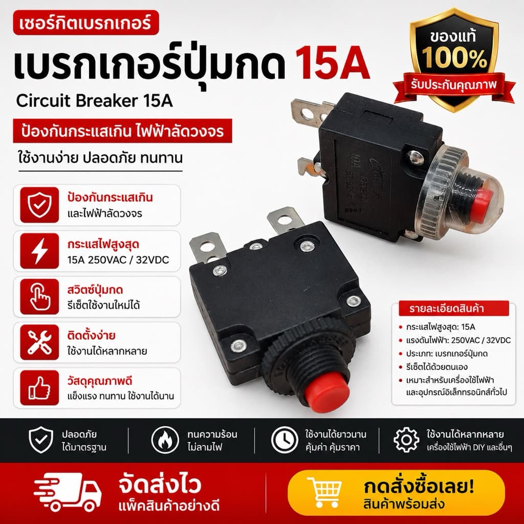 ตัวป้องกันกระแสเกิน 5A/10A/15A/20A/30AMP ปุ่มกดรีเซ็ตสวิทช์แผงเซอร์กิตเบรกเกอร์ หมวกกันน้ํา รูปที่ 1