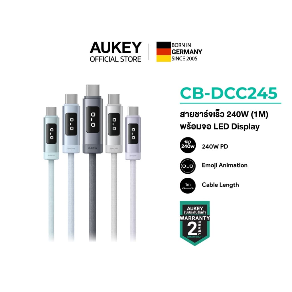 AUKEY CB-DCC245 สายชาร์จเร็ว Circlet Blink 240W EMO USB-C Cable 1m. พร้อมหน้าจอ LED