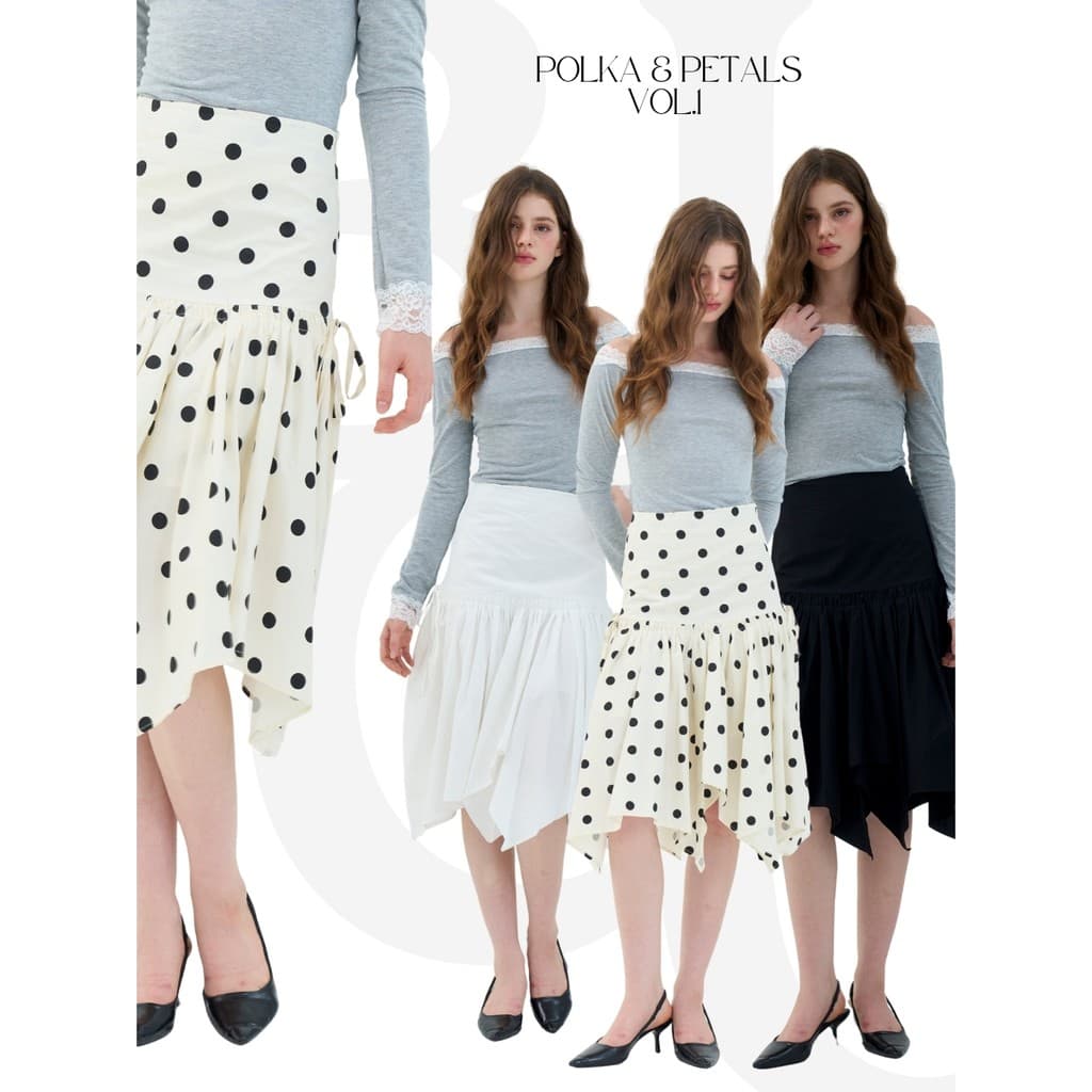 BCS07 Polka & Petals Vol.1 - กระโปรงเอวสูง ทรงชายเฉียง ผ้าคอนตอนผสมผ้าฝ้าย