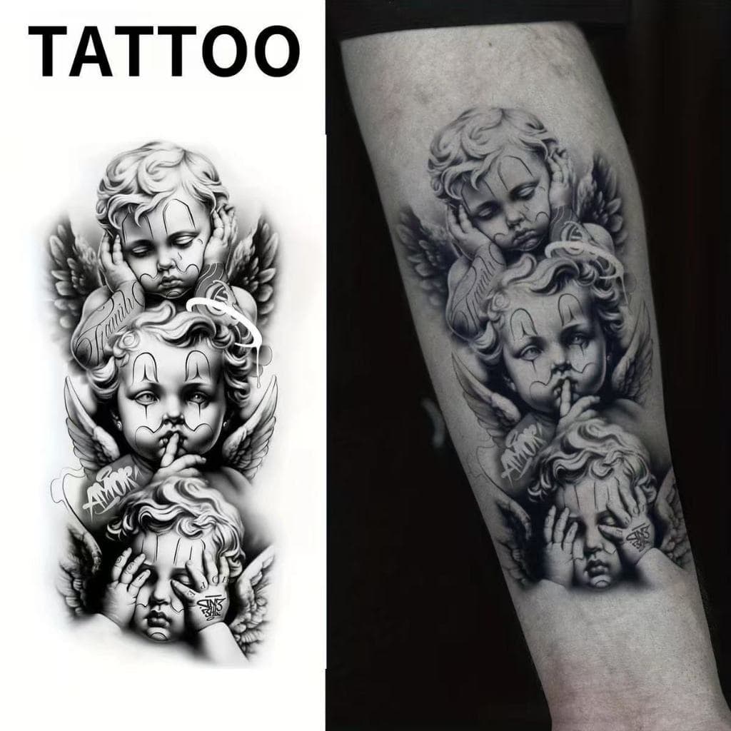 📦CODทั่วไทย 【Magic Tattoo】สติกเกอร์รอยสักลายเทวดาร้องไห้ สไตล์ดาร์ก กันน้ํา ติดทน2สัปดาห์