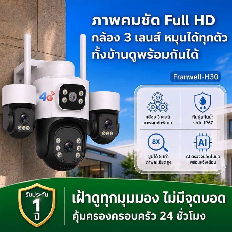 Franwell V380 กล้องวงจรปิด กล้องกันขโมย 3Lens IP WIFI CCTV 4K 10X ขยาย 15MP นน้ํา กันฝุ่น Night vision