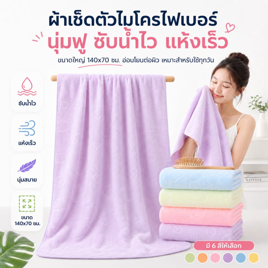 ผ้าเช็ดตัวนาโน【ขนาด 140x70 ซม. 140 กรัม】ผ้าขนหนู สีพื้น ปั้มลาย แบบบาง เหมาะกับเด็กและผู้ใหญ่ (YJQ-02)