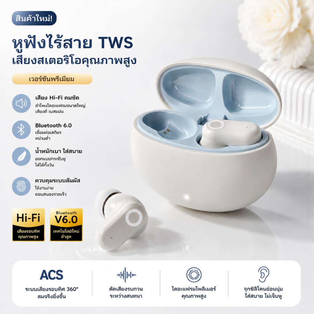 Neo หูฟังไร้สาย TWS Bluetooth 6.0 HiFi Stereo เสียงรอบทิศ 360° ลดเสียงรบกวน ENC เบสแน่น Low Latency ใส่สบาย…
