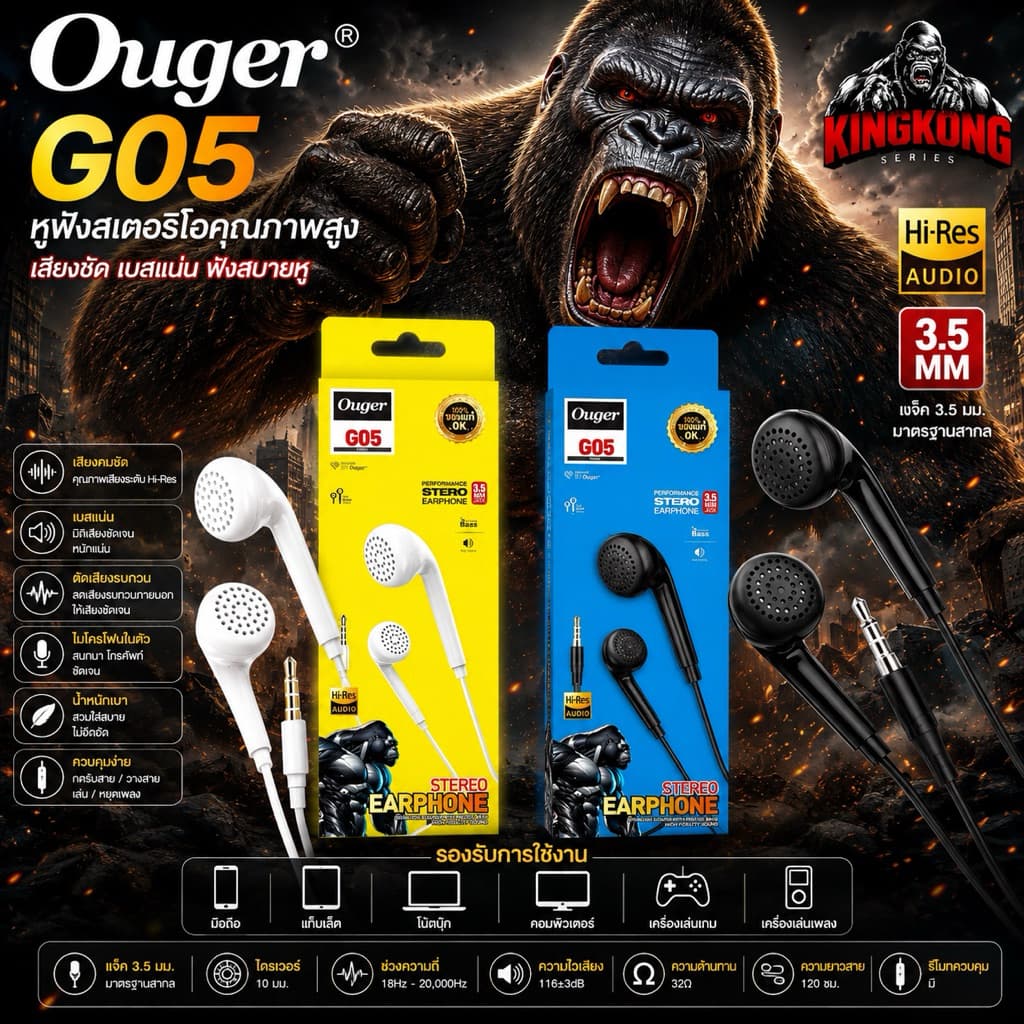 Ouger G05 หูฟังมีสาย 3.5mm หูฟังสมอลทอล์ค มีไมค์ เสียง Hi-Res เบสแน่น ใช้กับมือถือ แท็บเล็ต โน้ตบุ๊ก…