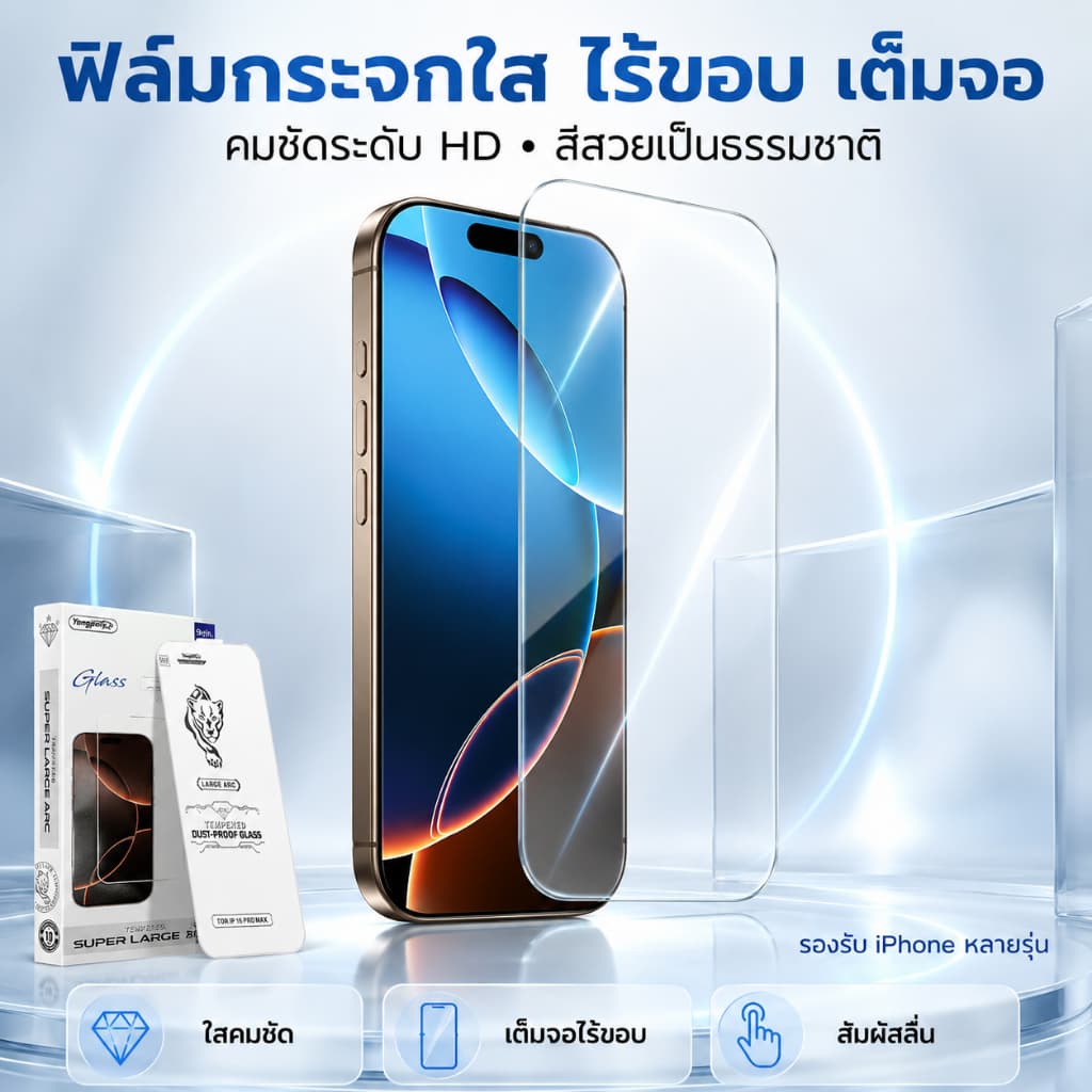 ฟิล์มกระจกใสไม่มีขอบเต็มจอโค้ง 0.4MM สําหรับ iphoneXR 11 12PROMAX 13PRO 15PLUS 14 16PLUS 16E 16PRO 16PROMAX…