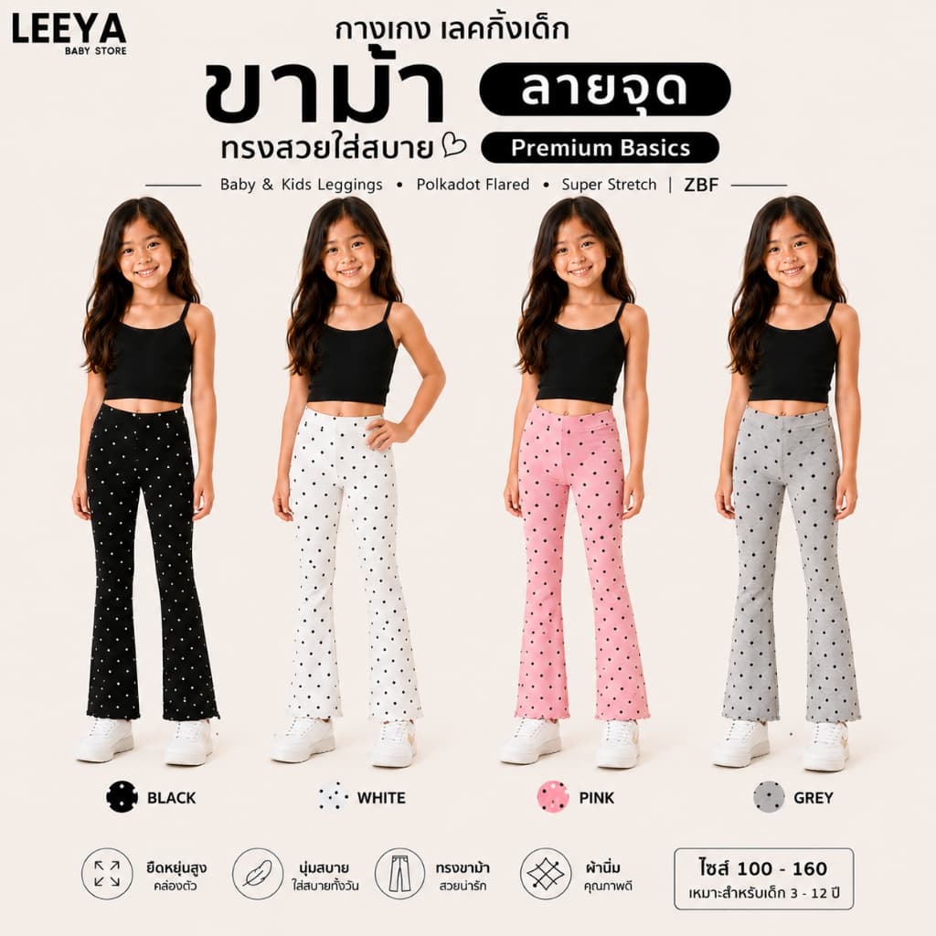 กางเกงเลคกิ้งเด็ก ขาม้า ลายจุด Premium Basics | Baby & Kids Polkadot Flared Leggings Super Stretch ZBF
