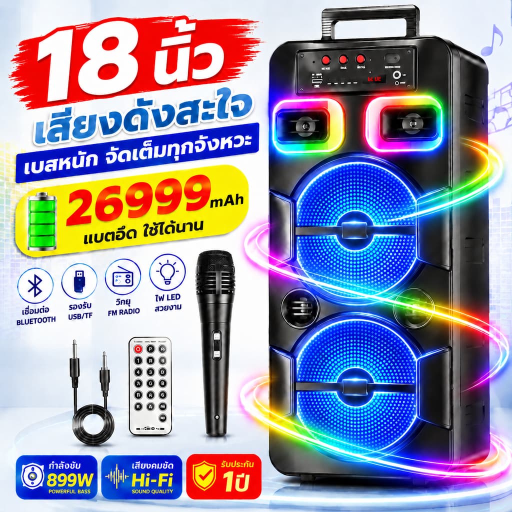 ลําโพงบลูทูธ 18 นิ้ว การออกแบบกระเป๋าเดินทาง แถมฟรีไมค์+รีโมทควบคุม ขนาดพกพาได้