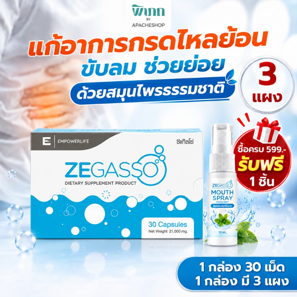 Ze-Gasso สมุนไพรแท้ ลดกรดไหลย้อน แน่นท้อง ขับลม ช่วยย่อย ขมิ้นชัน กระเทียม สเปียร์มิ้นต์ 3 แผง 30 แคปซูล