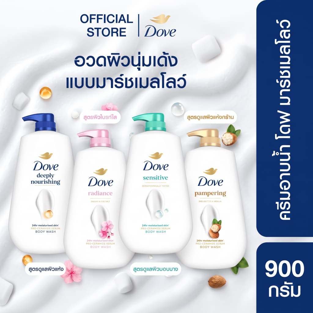 โดฟ ครีมอาบน้ํา สบู่เหลวสูตรอ่อนโยน ขนาด 900 กรัม. X1,X2