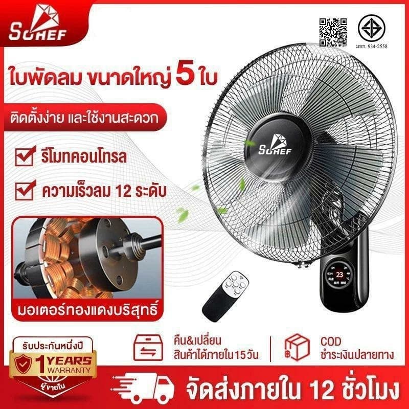 SOHEF รับประกัน 3 ปี พัดลมติดผนัง 16นิ้ว ส่ายหัวได้ ลมแรง มีรีโมทควบคุมระยะไกล พัดลมไฟฟ้า พัดลมผนัง…