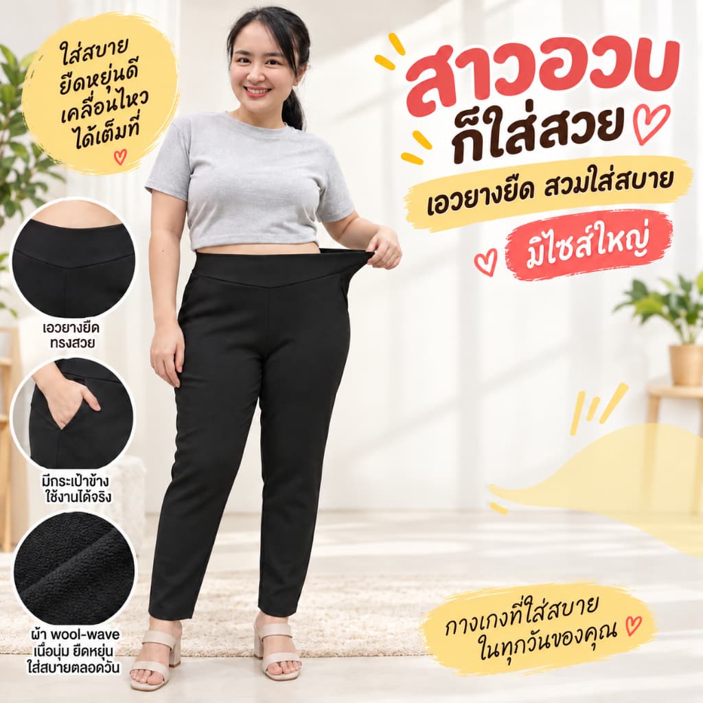กางเกงขายาวทรงเดฟผู้หญิง ผ้าวูลเวฟยืด เอวยางยืด มีกระเป๋าข้าง ไซส์ใหญ่สาวอวบ มีไซส์ใหญ่ มี 8 สี