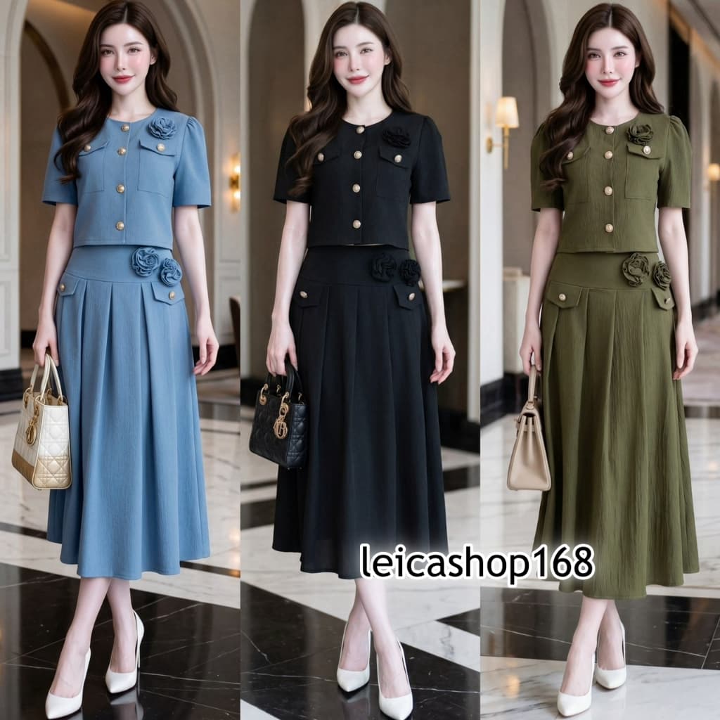 สินค้าพร้อมส่ง ชุดเซตกระโปรงผ้าครัช แต่งกุหลาบ กระเป๋าหน้า+กระโปรงแต่งดอกกุหลาบ…