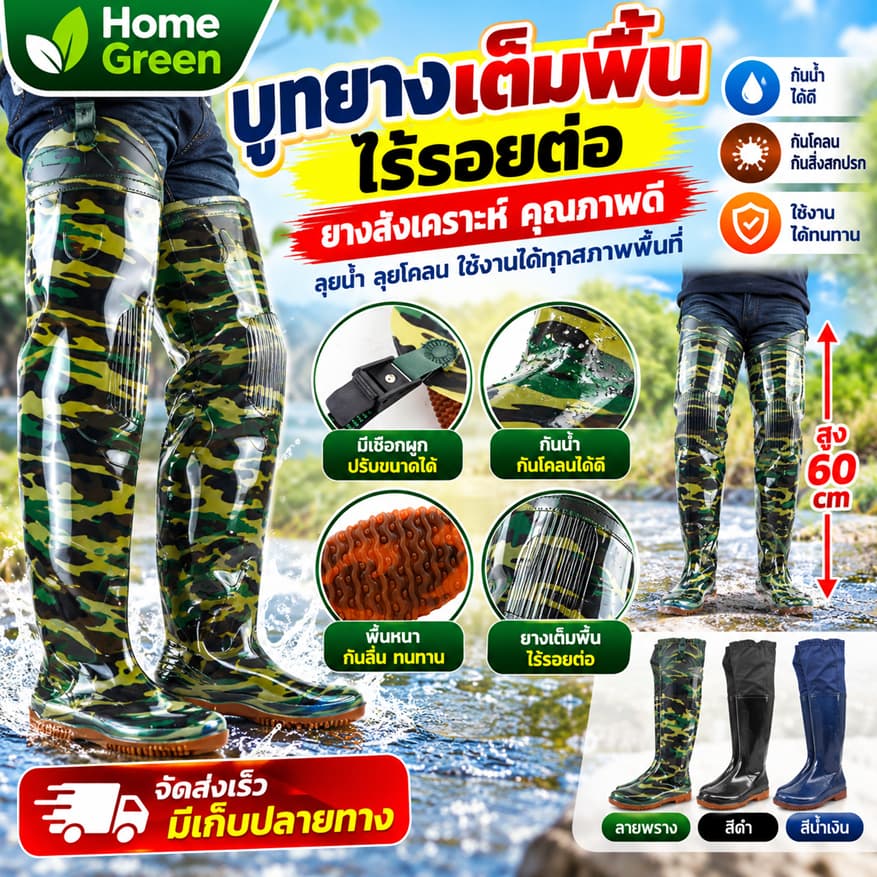รองเท้าบูท**พรางทหาร**บูททรงสูง รองเท้าบูทยาง ยางเต็มผืน ไม่มีรอยต่อ ใช้สําหรับลุยน้ํา เข้าสวน เข้าไร่ ลงนา…