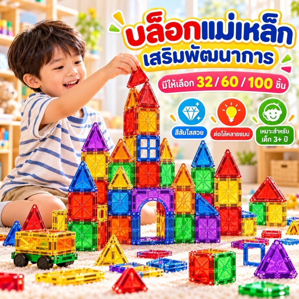KiKi ของเล่นบล็อกแม่เหล็ก 32/60/100 ชิ้น ตัวต่อแม่เหล็ก STEM เสริมพัฒนาการ สําหรับเด็ก 3 ปี+